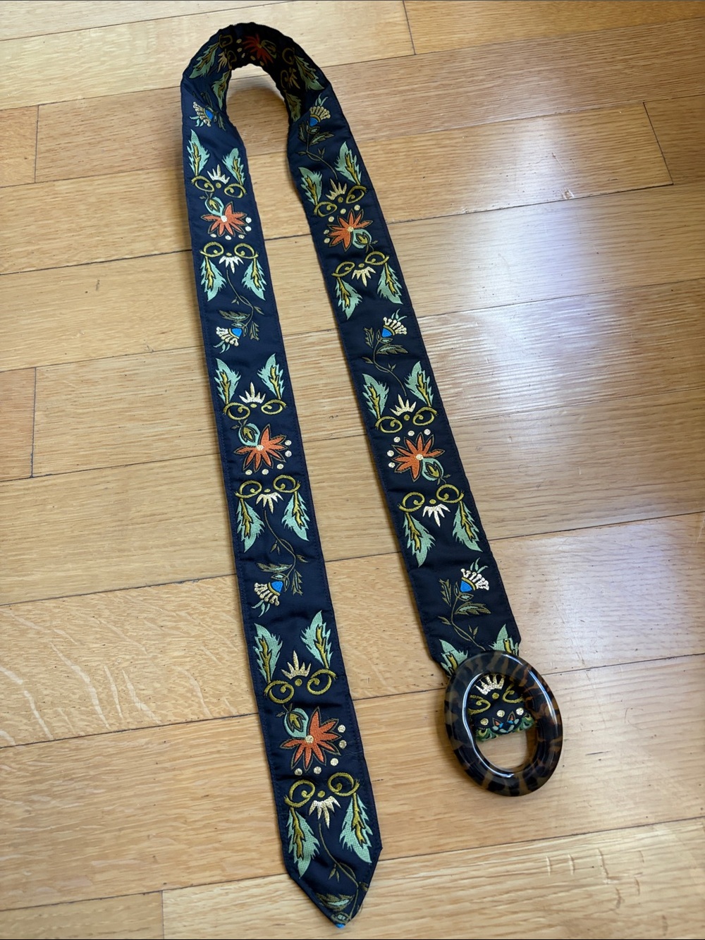 TWO BELTS IN ONE! Reversible Floral Embroidered Belt with Tortoiseshell Ring